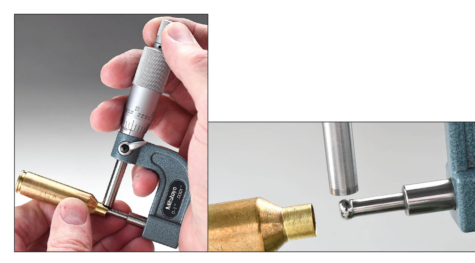 Case neck wall thickness is measured with a ball or tubing micrometer.